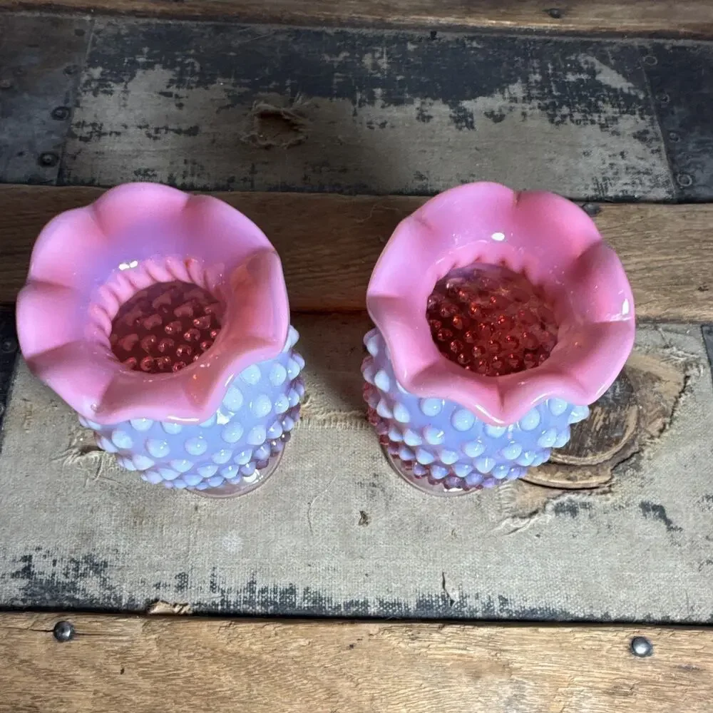 Unmarked Pair of Pink and White Hobnail Pattern Glass Vases, Decorative 3.5”